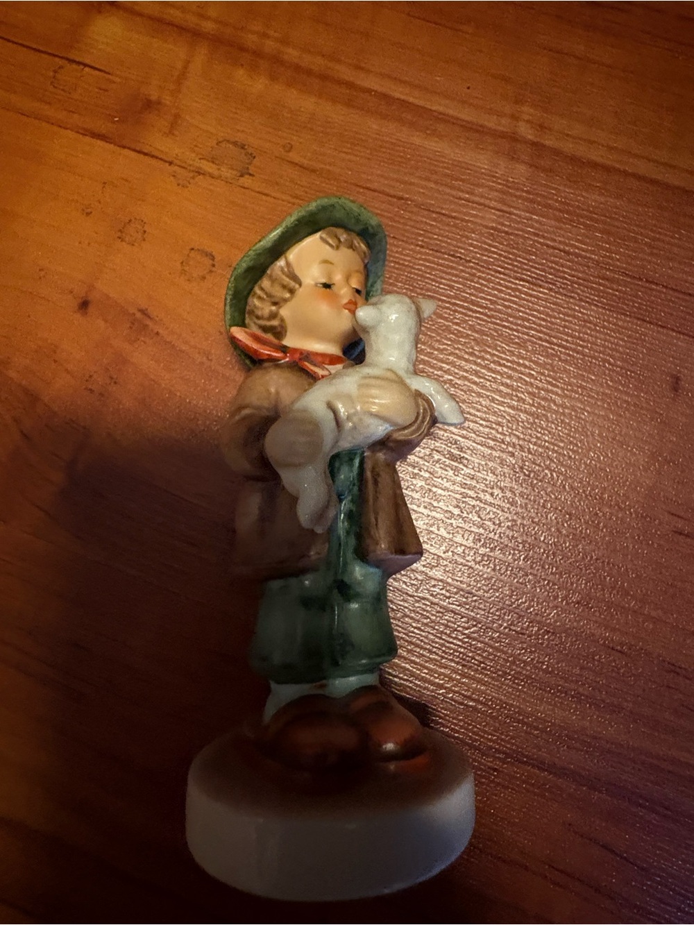 Green-Hat Porcelain Boy Figurine Holding Lamb - Home Accent